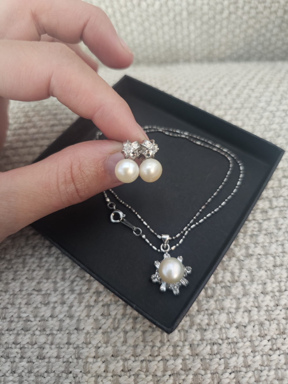 Freshwater Pearl & Crystal Sterling Silver Necklace and Earrings Set